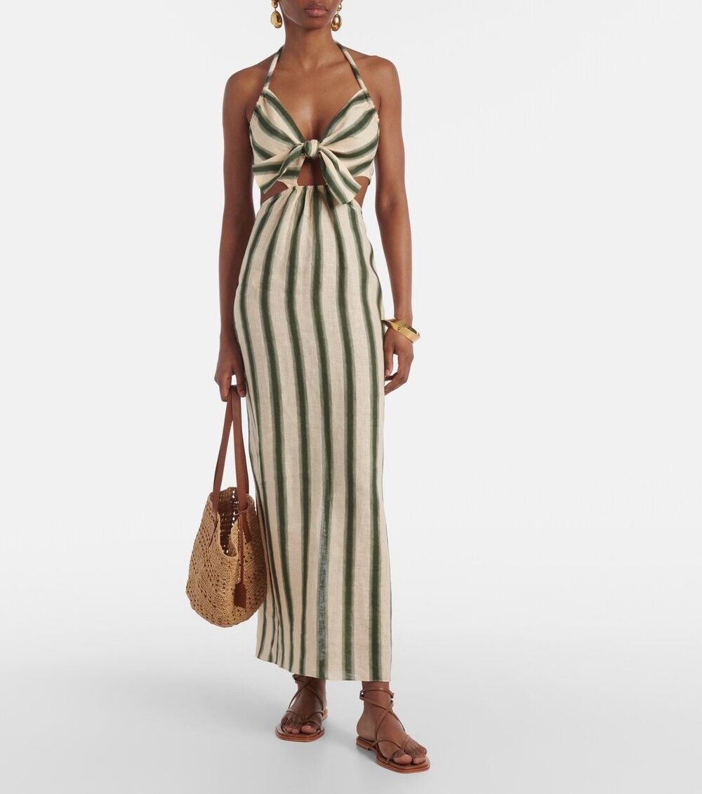 JOHANNA ORTIZ Los Siete Mares Maxi Dress Linen Striped Cutout Ecru Green Size 6